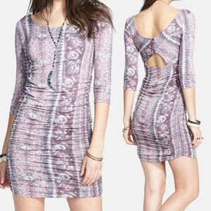 ✨NWT Free People Eggplant Purple Printed Ruched Bodycon Dress Size Small